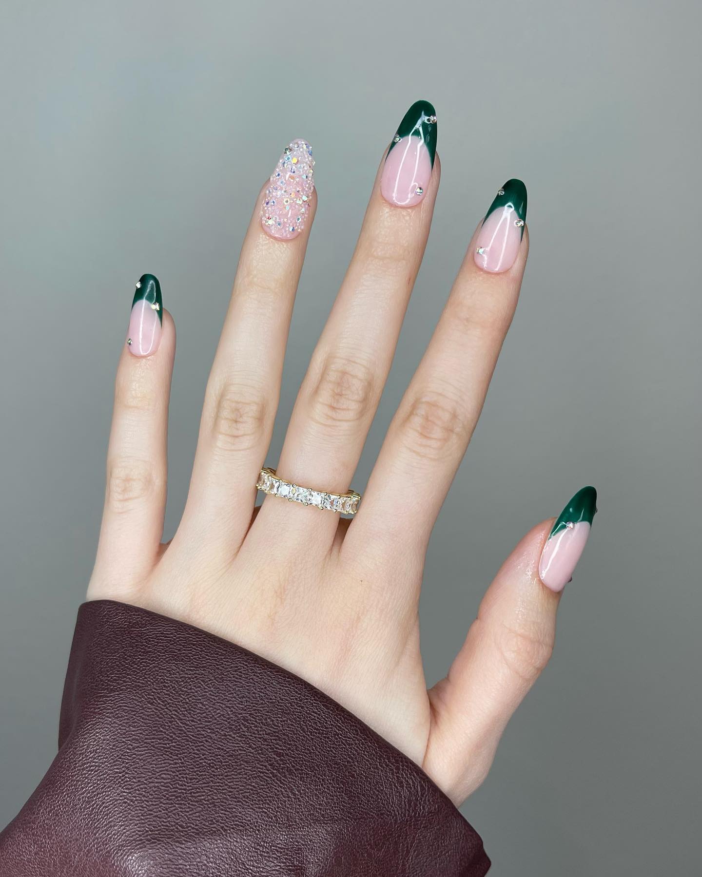 Emerald French Tip Almond Nails with Rhinestones