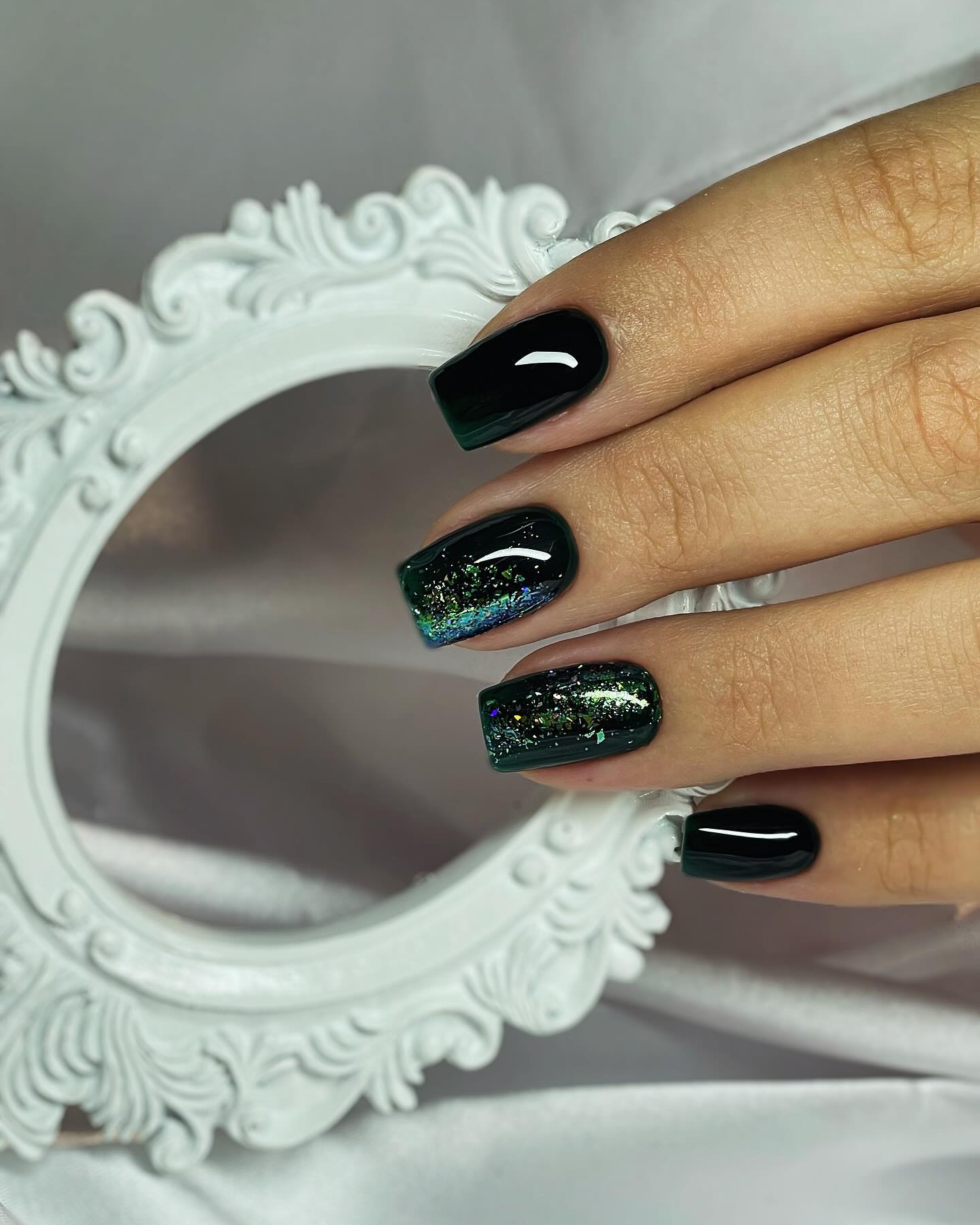 Emerald Glitter Ombre Square Nails