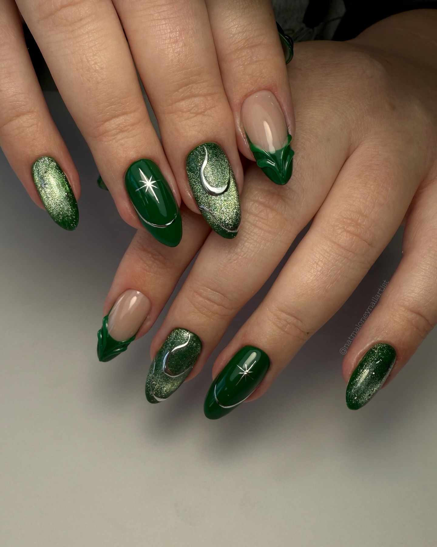 Emerald Green Cat Eye French Tips With Moon Accents