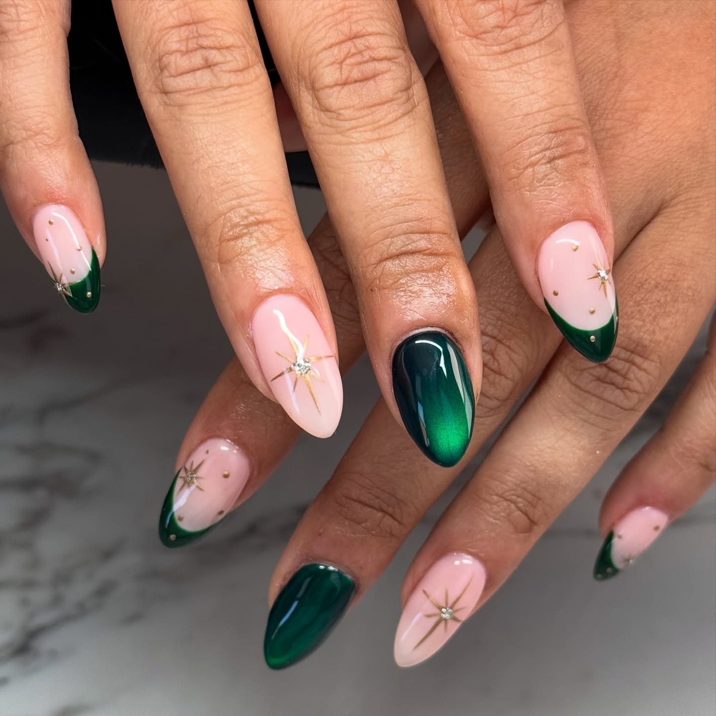 Emerald Green French Tip Almond Nails with Gold Accents