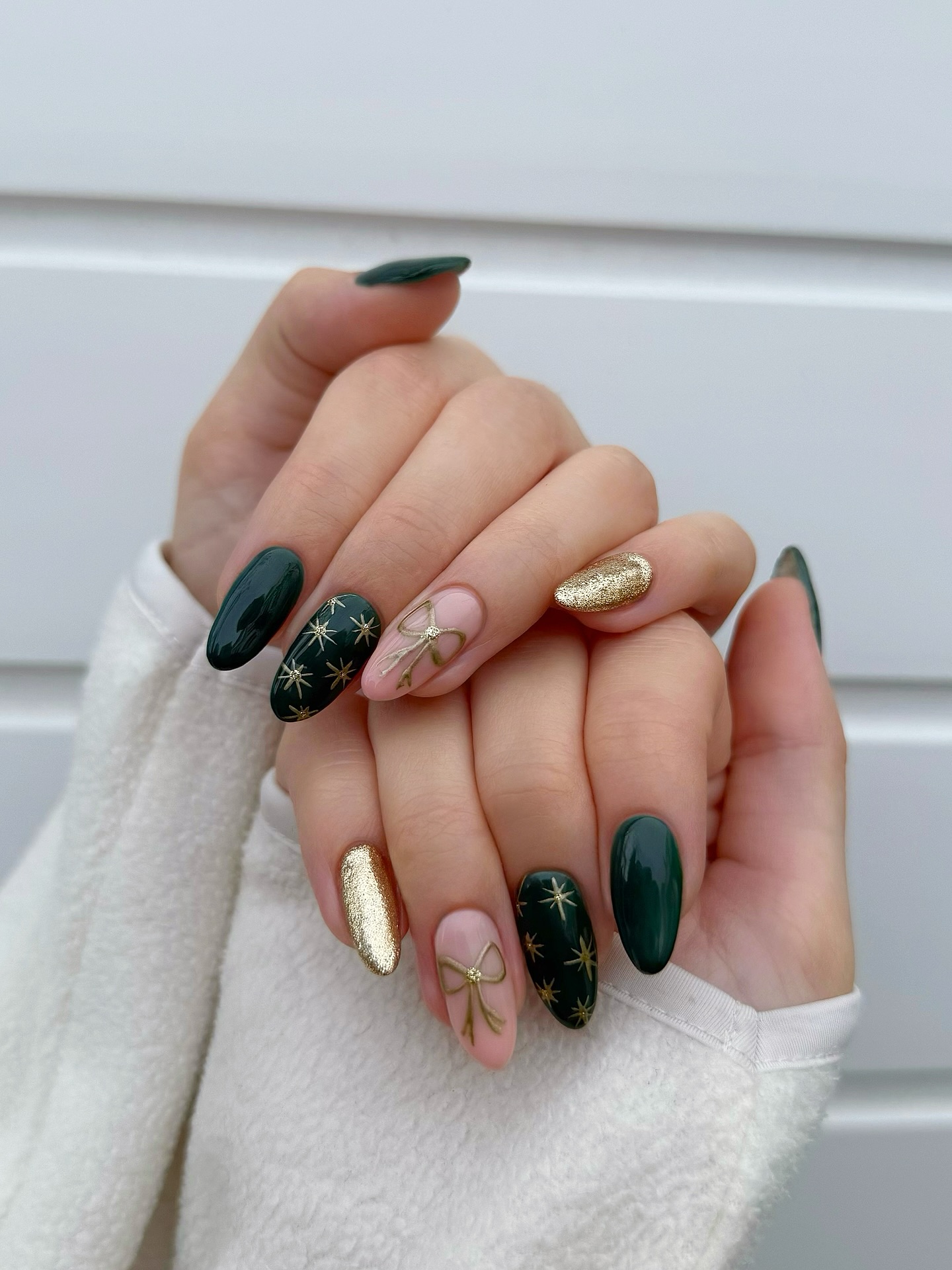 Emerald Green & Gold Star French Tip Nails