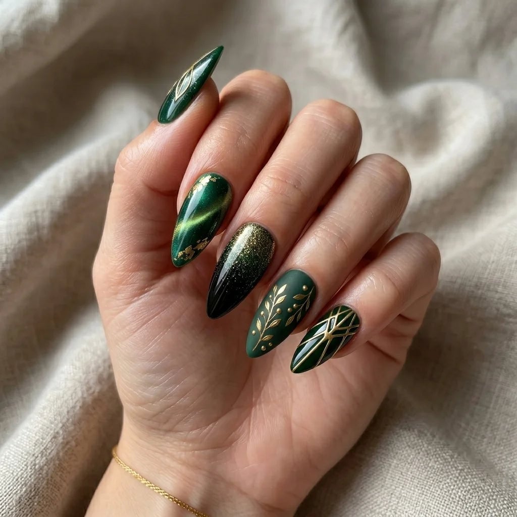 Emerald Green Cat Eye With Botanical Art Nails — Emerald Green Nails