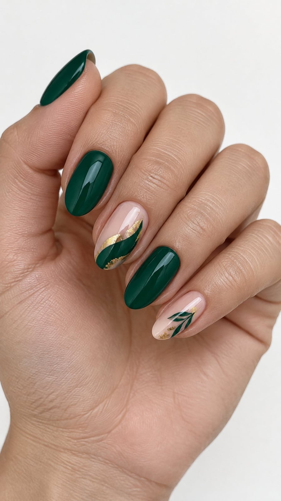 Emerald Green Nude With Gold Accents Oval Nails — Emerald Green Nails