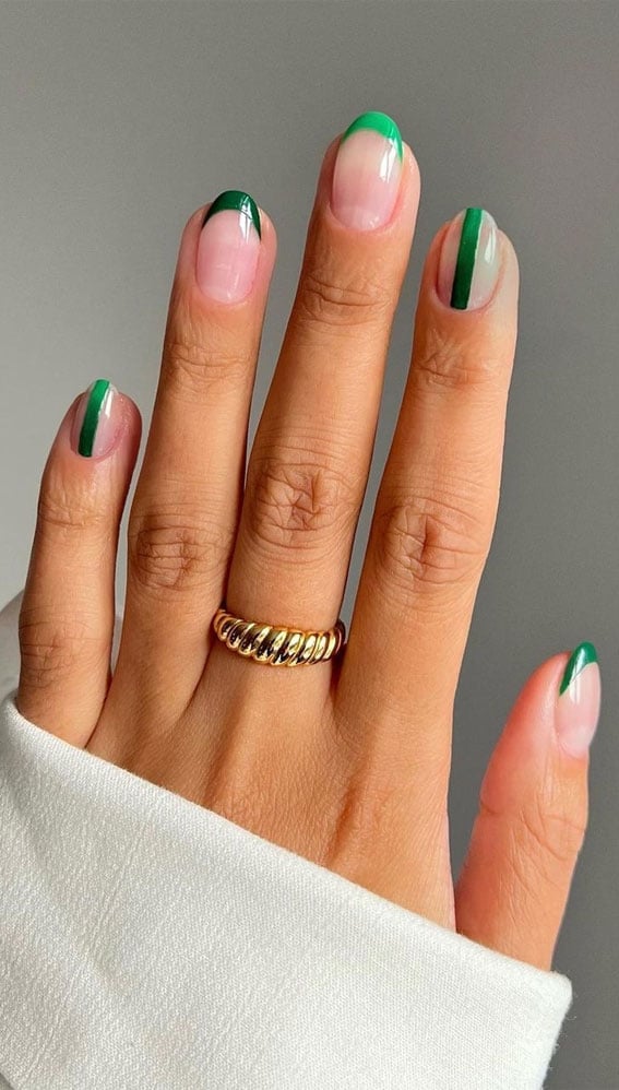 Short Almond Green French Tip Nails — Emerald Green Nails