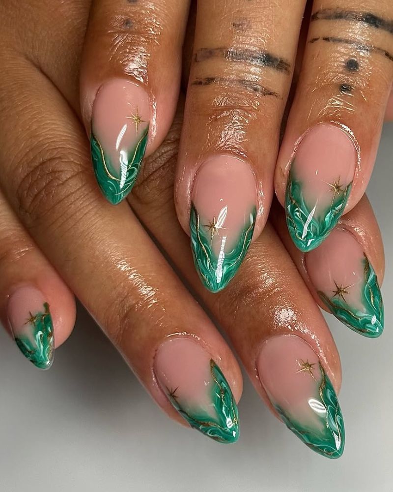 Emerald Green Marble French Almond Nails — Emerald Green Nails
