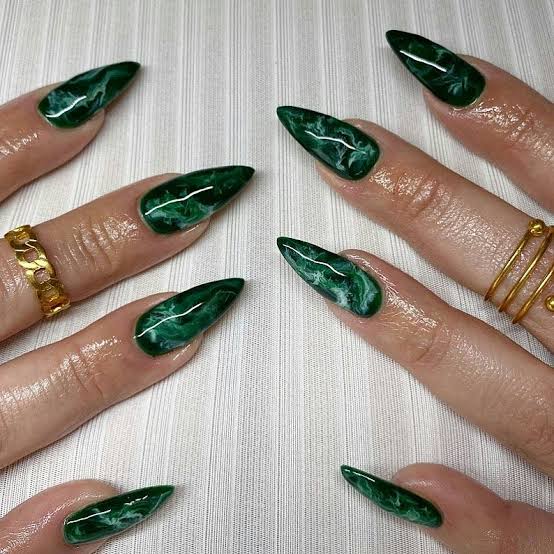 Long Stiletto Emerald Green Marble Nails — Emerald Green Nails