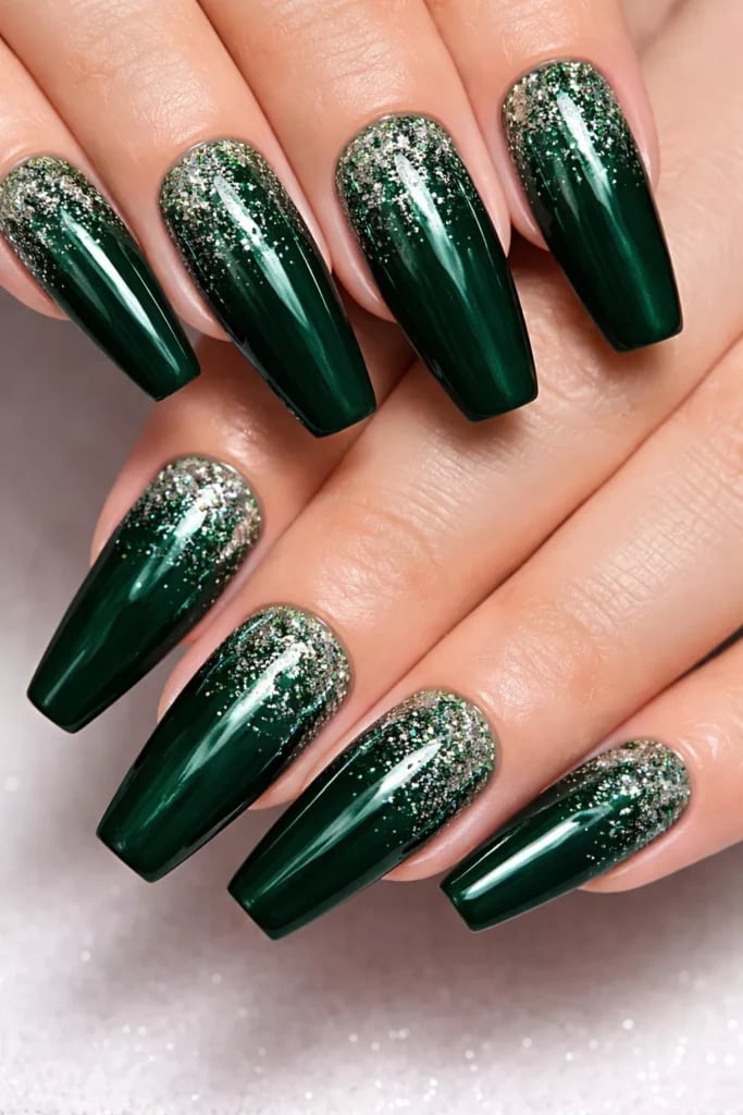 Long Coffin Emerald Green Glitter Gradient Nails — Emerald Green Nails