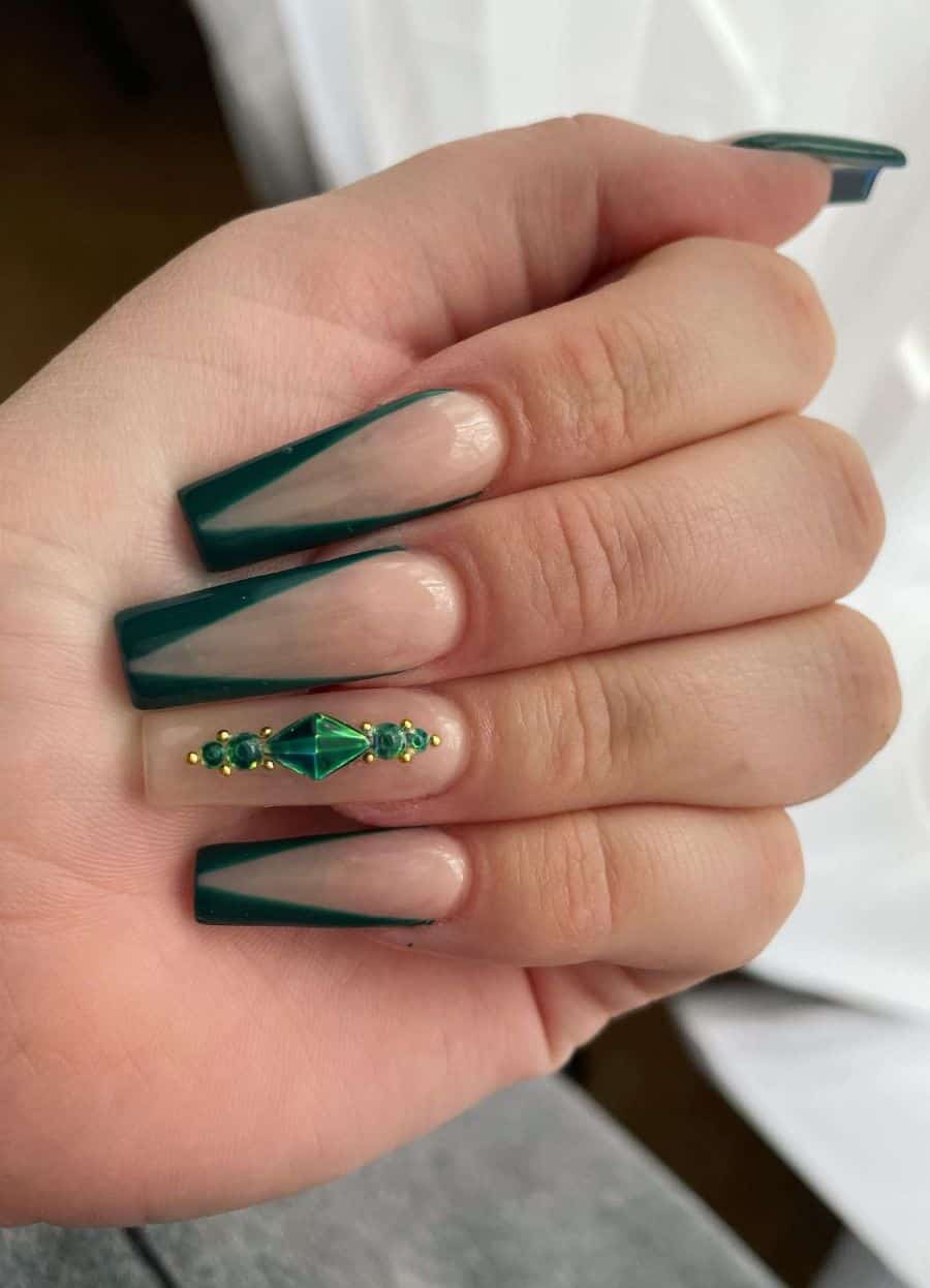Long Square Emerald Green French With 3D Gems Nails — Emerald Green Nails