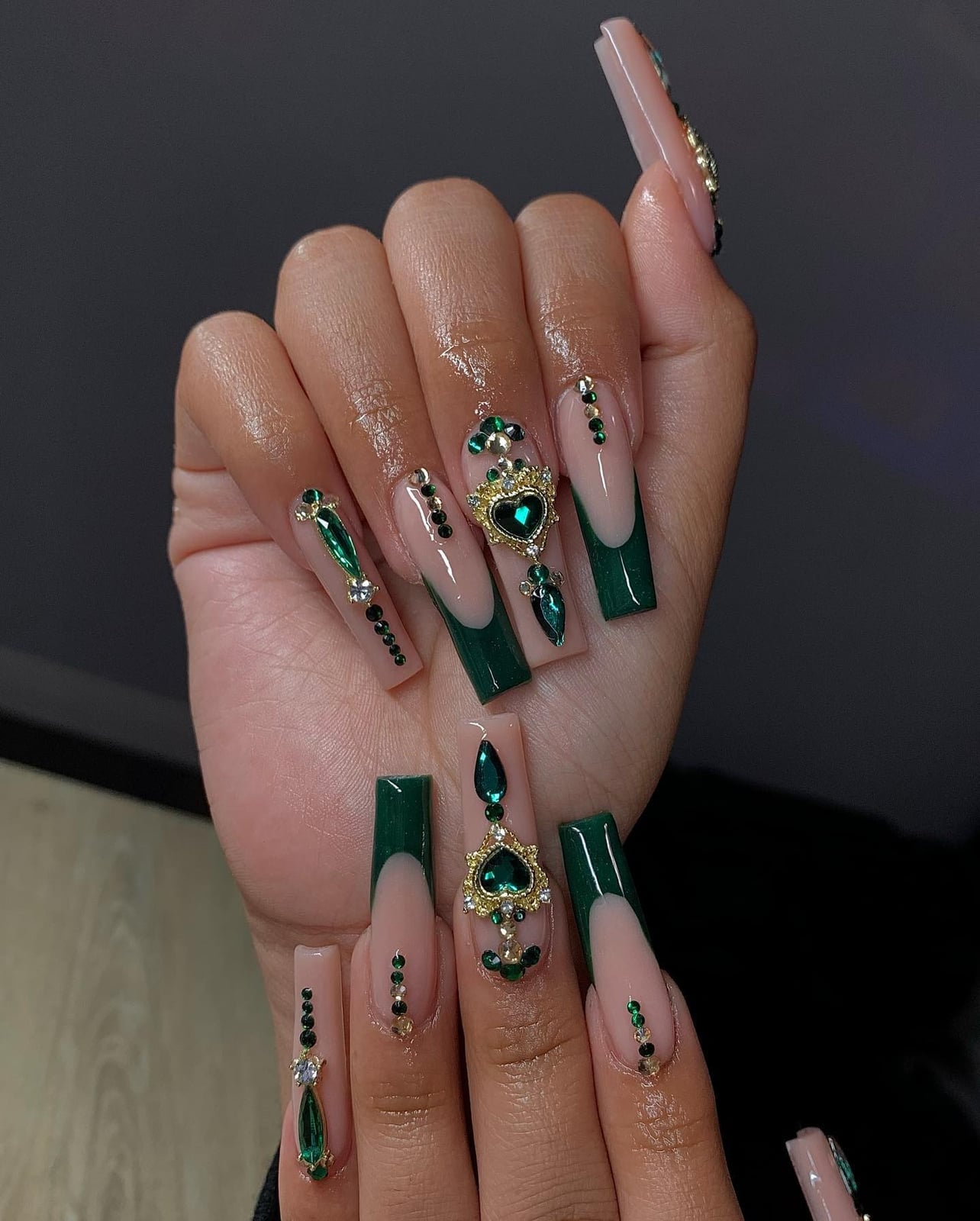Long Coffin Emerald Green French With Heart Charms Nails — Emerald Green Nails