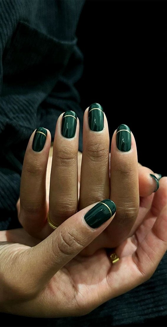 Short Square Emerald Green With Gold Line Nails — Emerald Green Nails