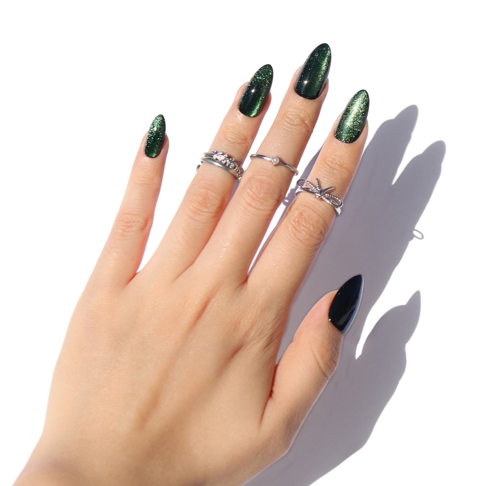 Deep Emerald Shimmering Long Almond Nails — Emerald Green Nails