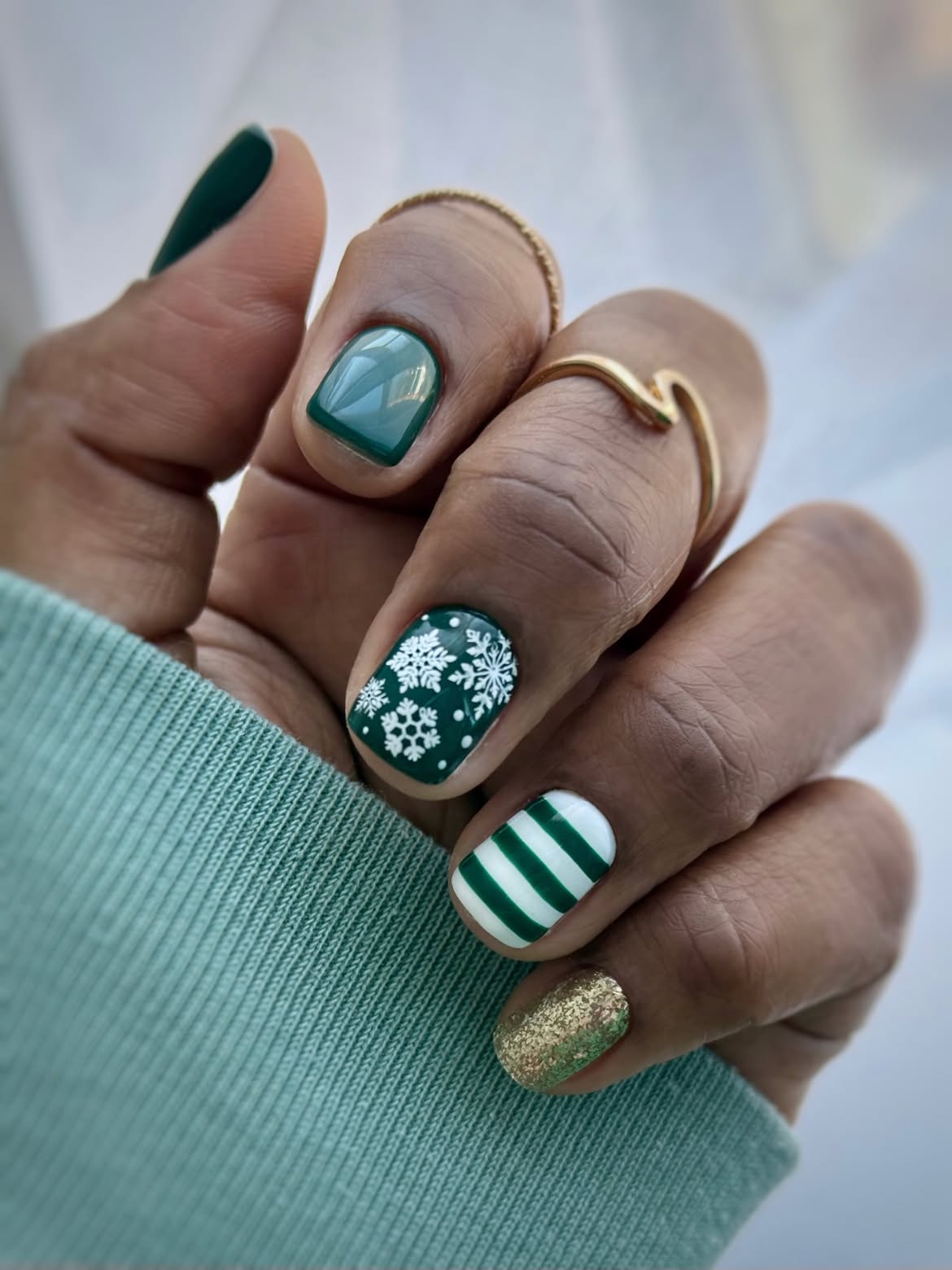 Emerald Green Snowflake and Stripe Short Square Nails