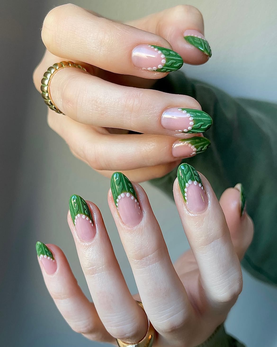 Emerald Leaf French Tip Almond Nails