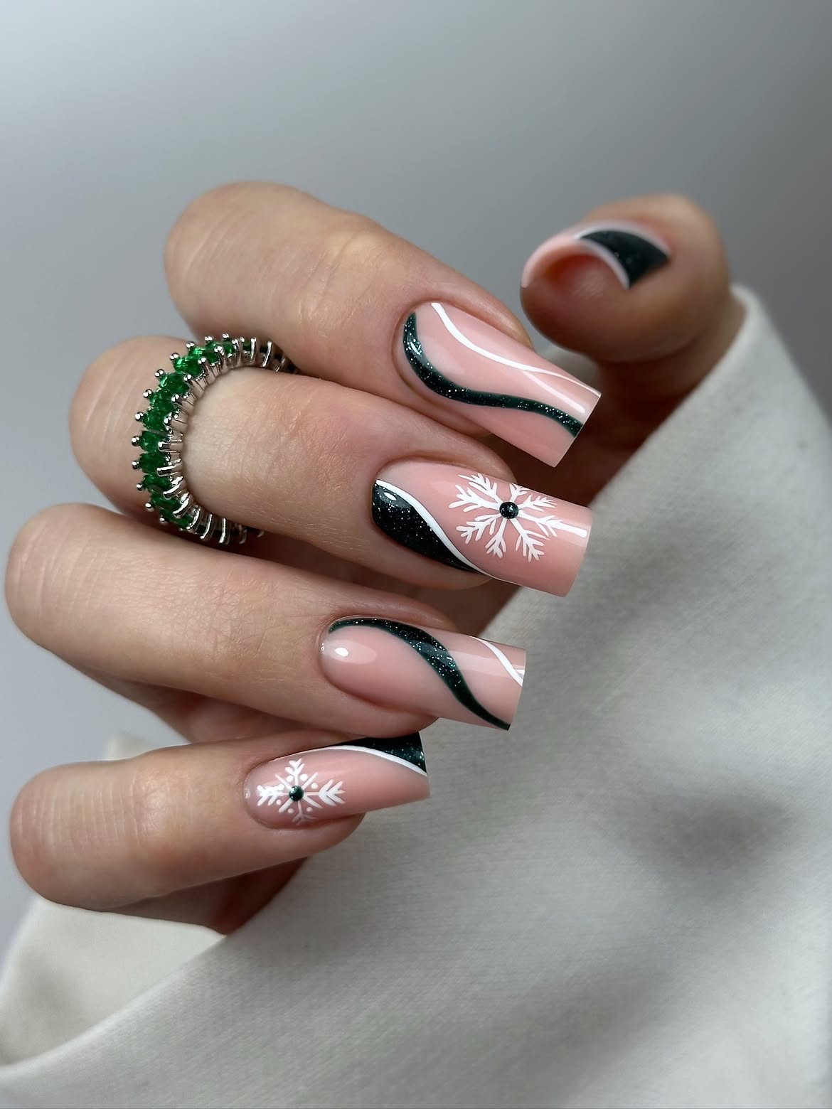 Emerald Swirl And Snowflake Square Winter Nails