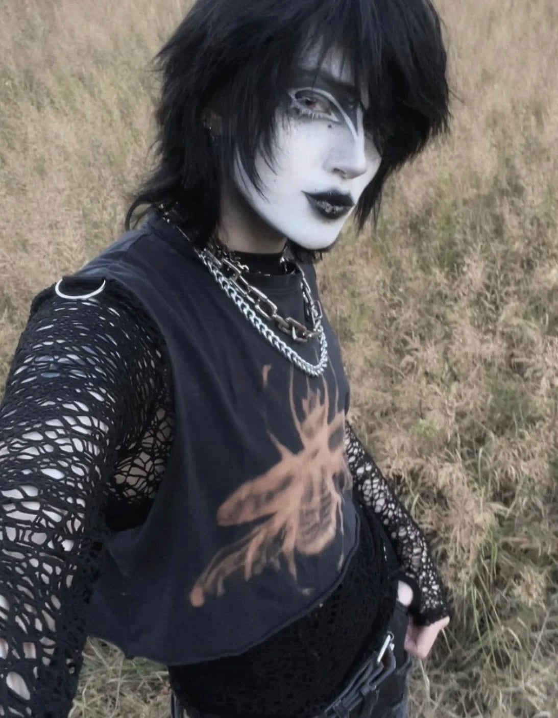 Fishnet and Graphic Layering with Silver Chains, Close-Up Take — Emo Style
