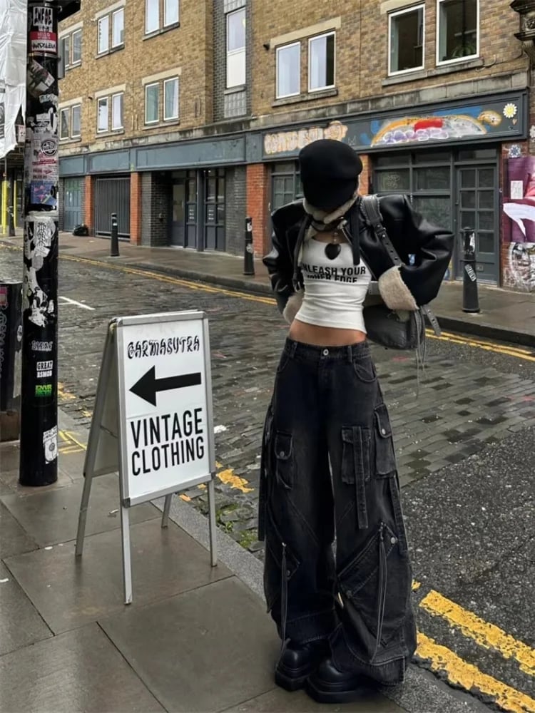 Cargo Jeans with Leather Jacket and Beret — Emo Style