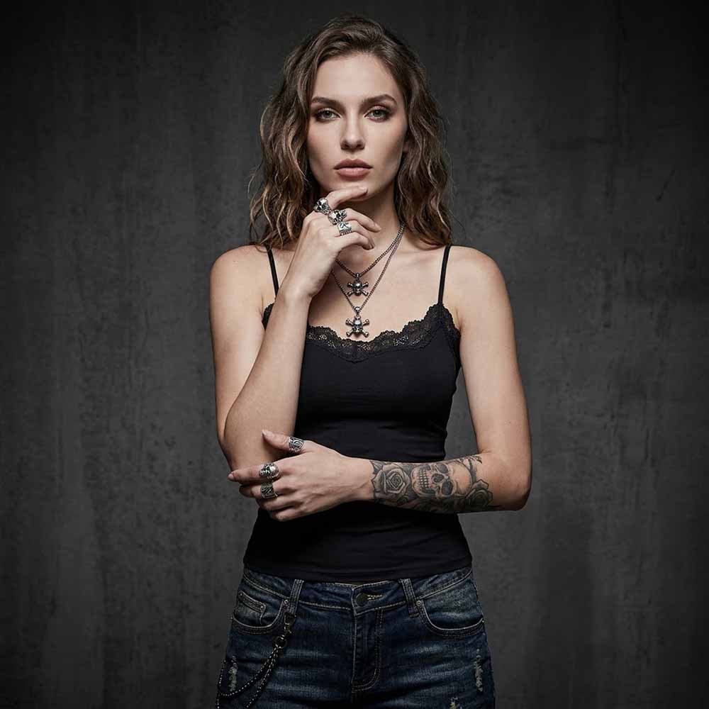 Lace Camisole with Distressed Jeans and Silver Necklaces — Emo Style