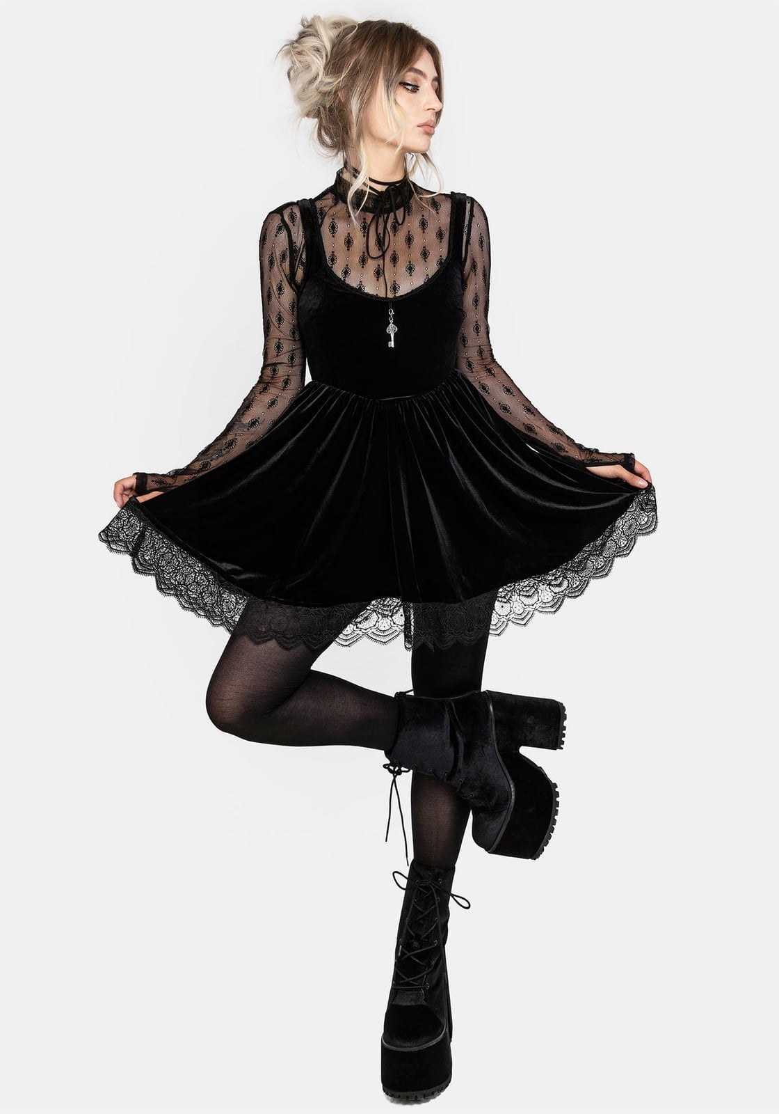 Velvet Mini Dress Over Sheer Patterned Top — Emo Style