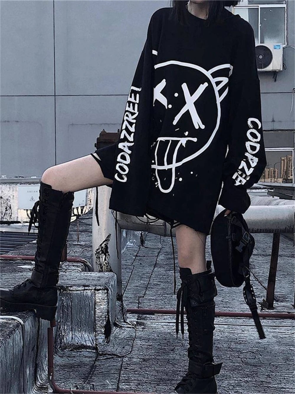 Oversized Sweatshirt with Ripped Shorts and Knee-High Boots — Emo Style