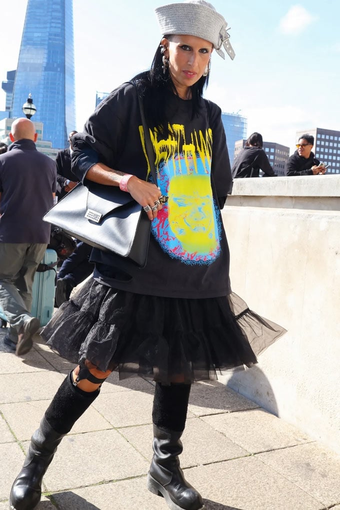 Graphic T-Shirt Over Tulle Skirt with Thigh-High Socks — Emo Style