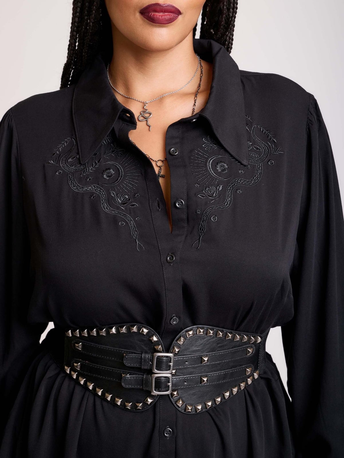 Embroidered Shirt with Studded Corset Belt — Emo Style