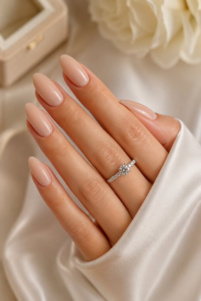 Sheer Nude Glossy Medium Almond Nails Sheer Nude Glossy Medium Almond Nails — Engagement Nails