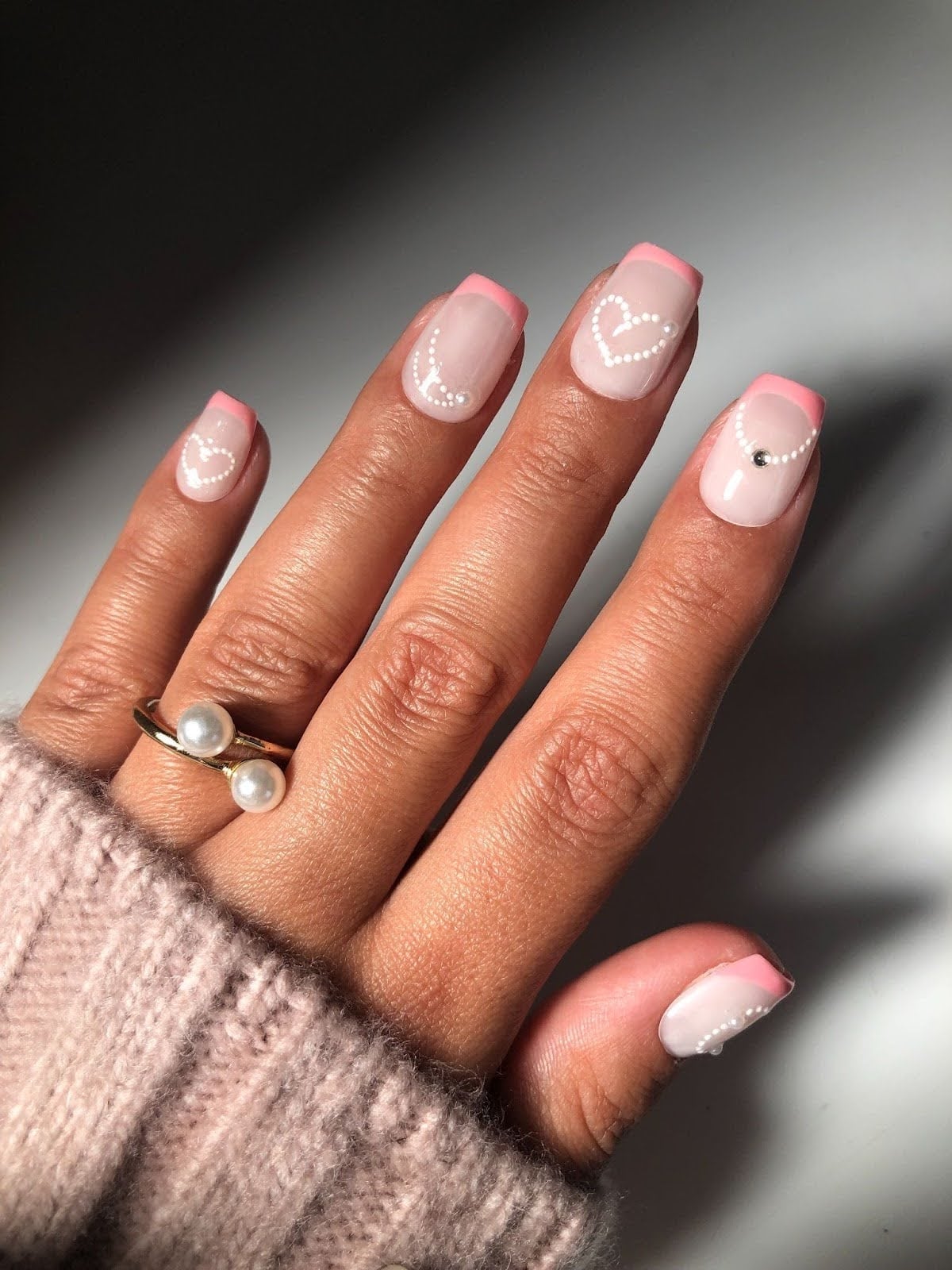 Pink French with White Hearts Short Square Nails Pink French with White Hearts Short Square Nails — Engagement Nails