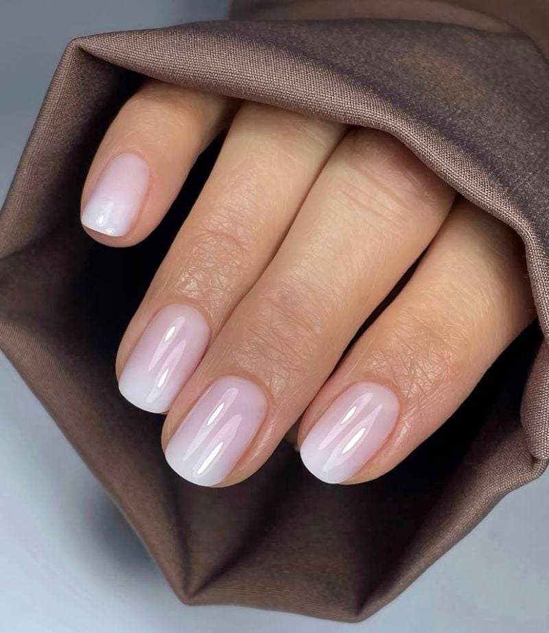 Milky Pink Iridescent French Tip Short Oval Nails, Glossy Milky Pink Iridescent French Tip Short Oval Nails, Glossy — Engagement Nails