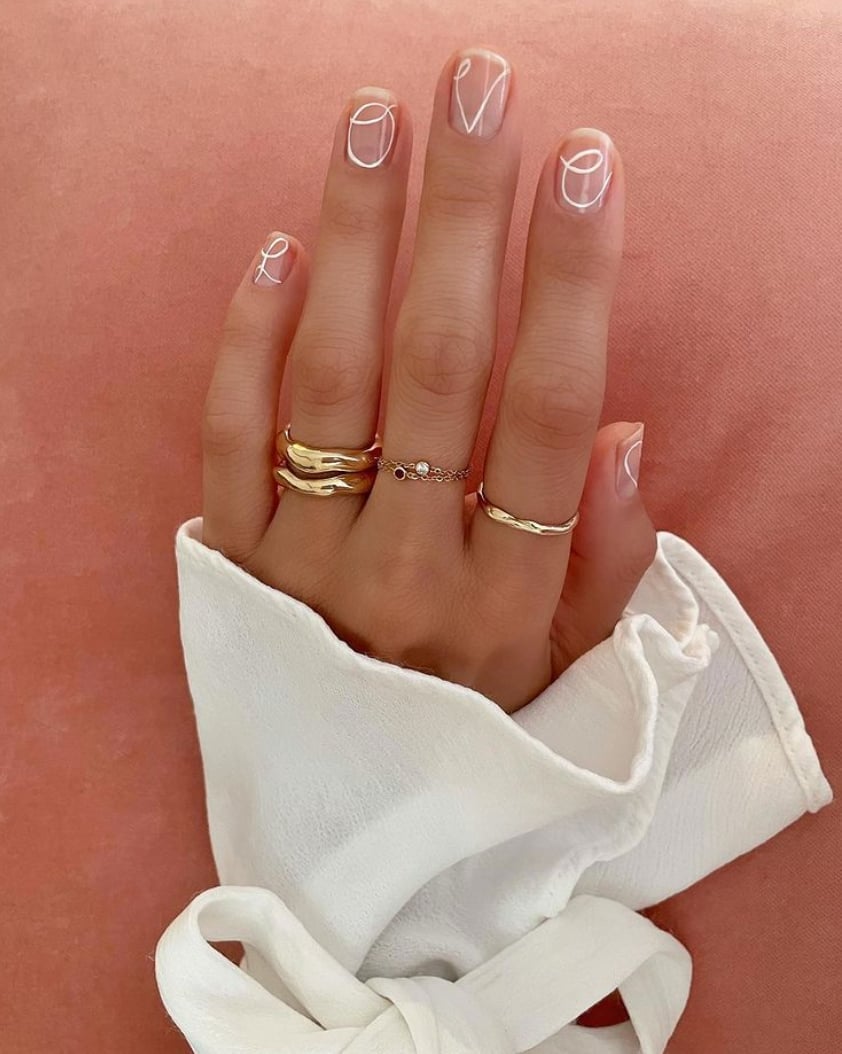 Sheer Nude White Line Art Short Almond Nails Sheer Nude White Line Art Short Almond Nails — Engagement Nails
