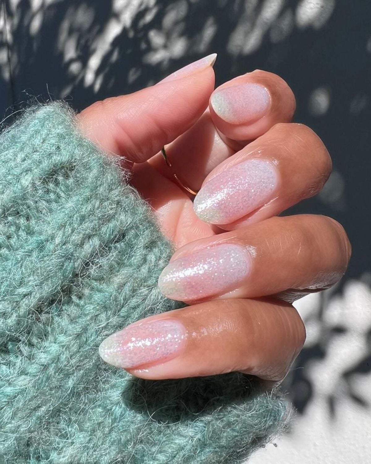 Iridescent Glitter Sheer Medium Almond Nails Iridescent Glitter Sheer Medium Almond Nails — Engagement Nails