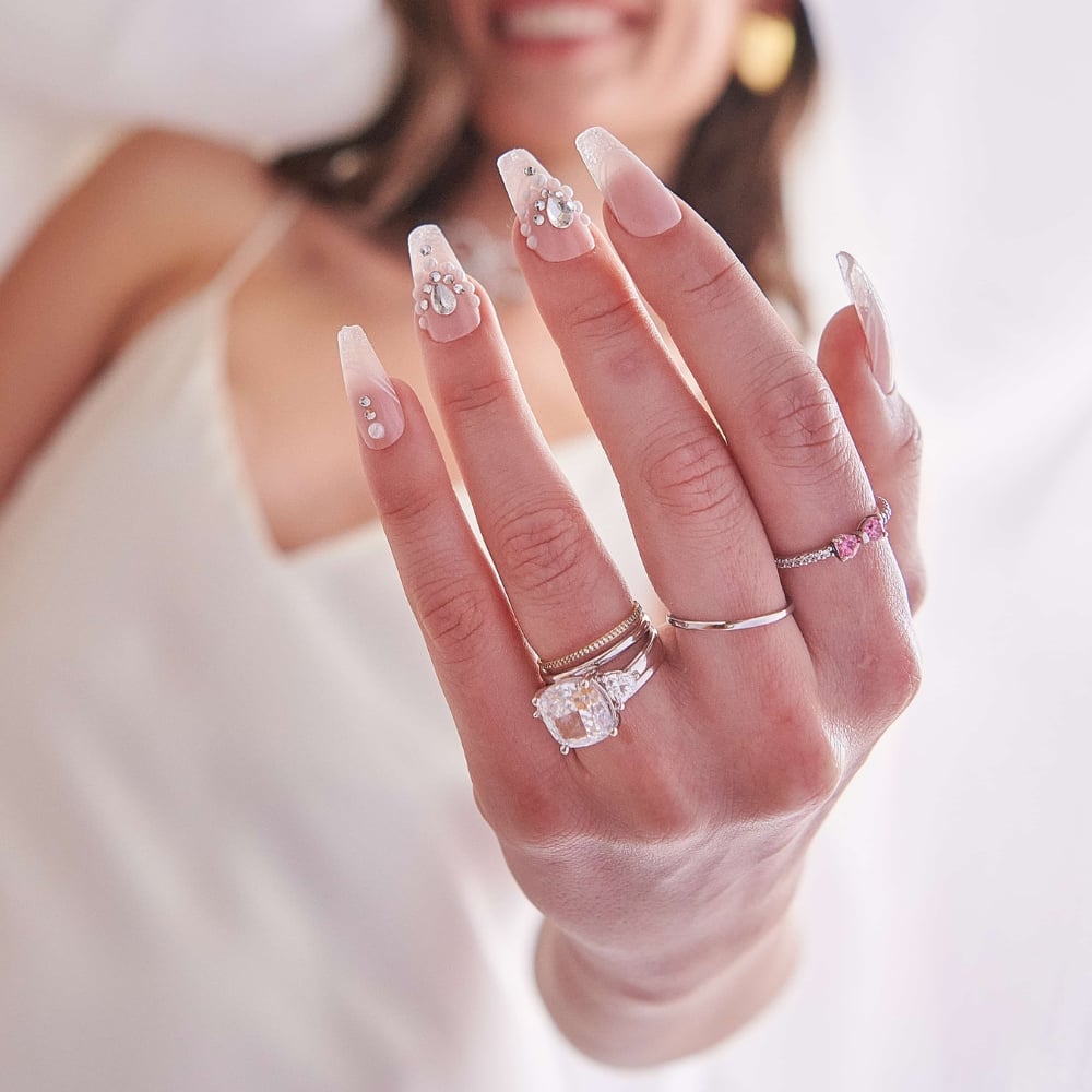 Rhinestone Pearl Long Coffin Nails Rhinestone Pearl Long Coffin Nails — Engagement Nails