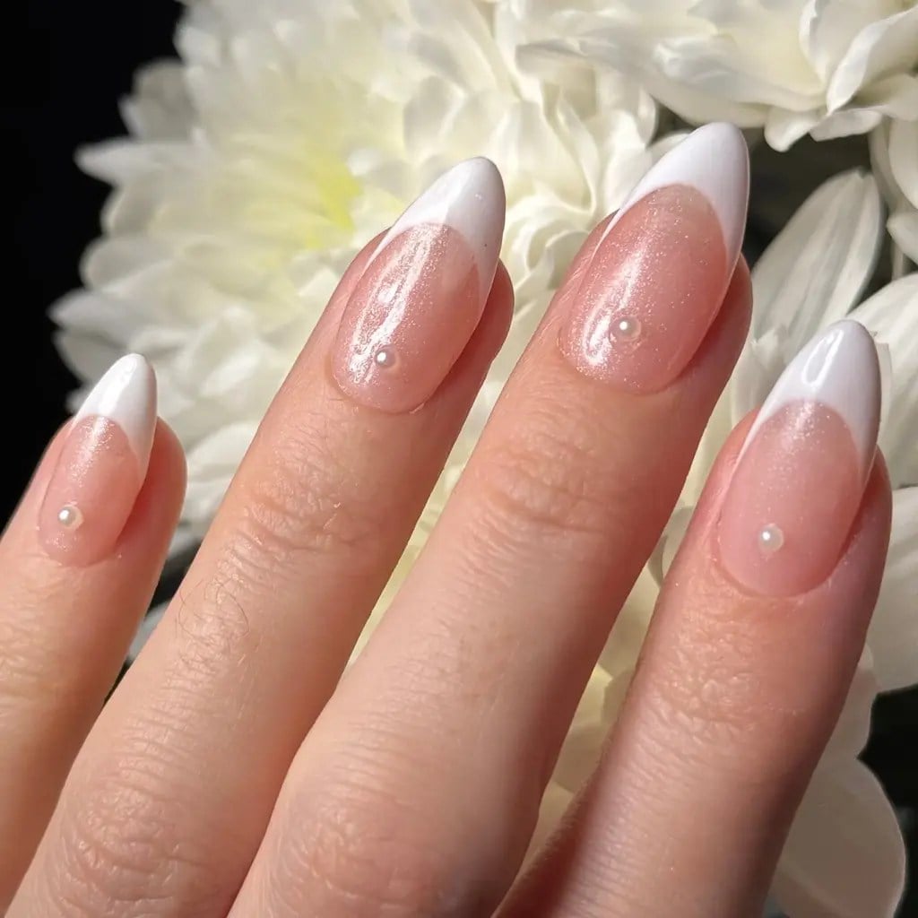 Pearl Accent White French Medium Almond Nails Pearl Accent White French Medium Almond Nails — Engagement Nails