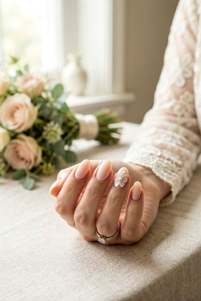 Soft Pink Nude with 3D Flower Medium Oval Nails Soft Pink Nude with 3D Flower Medium Oval Nails — Engagement Nails