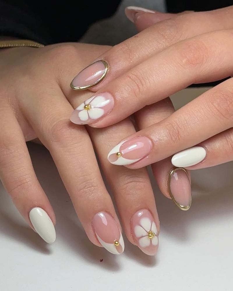 White and Pink Floral Gold Accent Medium Almond Nails White and Pink Floral Gold Accent Medium Almond Nails — Engagement Nails