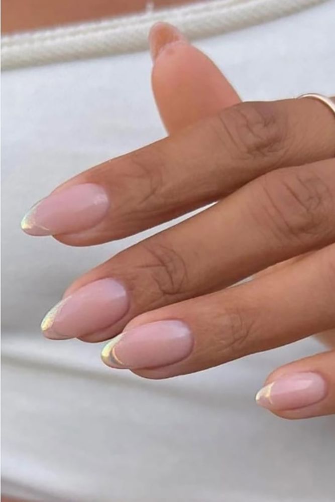 Iridescent Foil Tip Short Oval Nails Iridescent Foil Tip Short Oval Nails — Engagement Nails