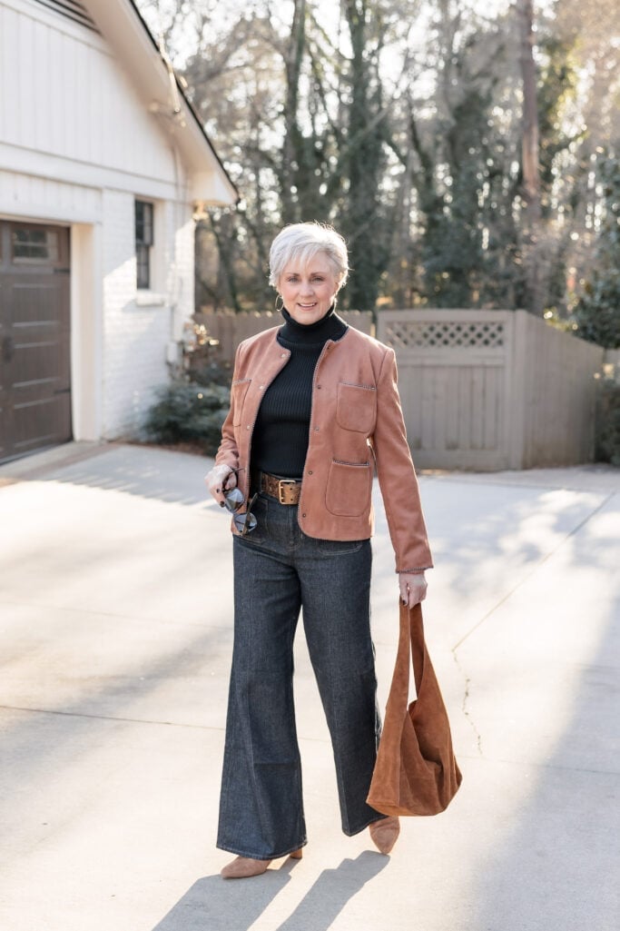 Black Turtleneck With Wide Leg Jeans And Suede Jacket — Errands Outfits