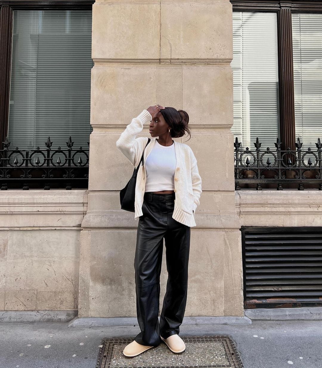Cream Knit Cardigan With Black Leather Pants — Errands Outfits