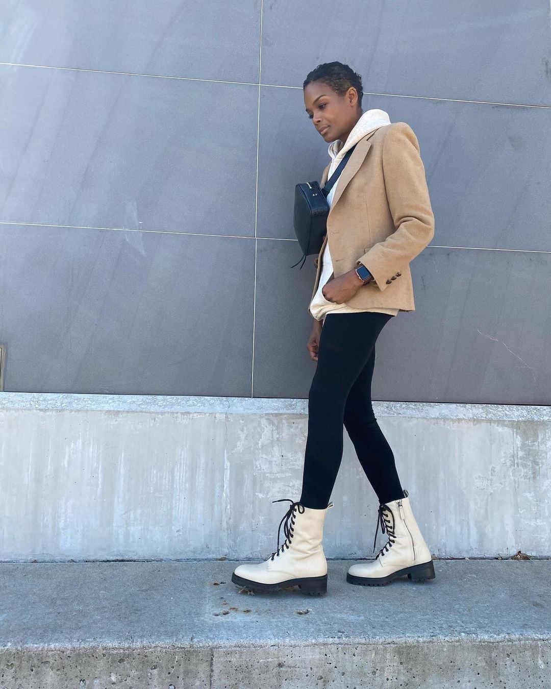 Camel Blazer Over Cream Hoodie And Black Leggings — Errands Outfits