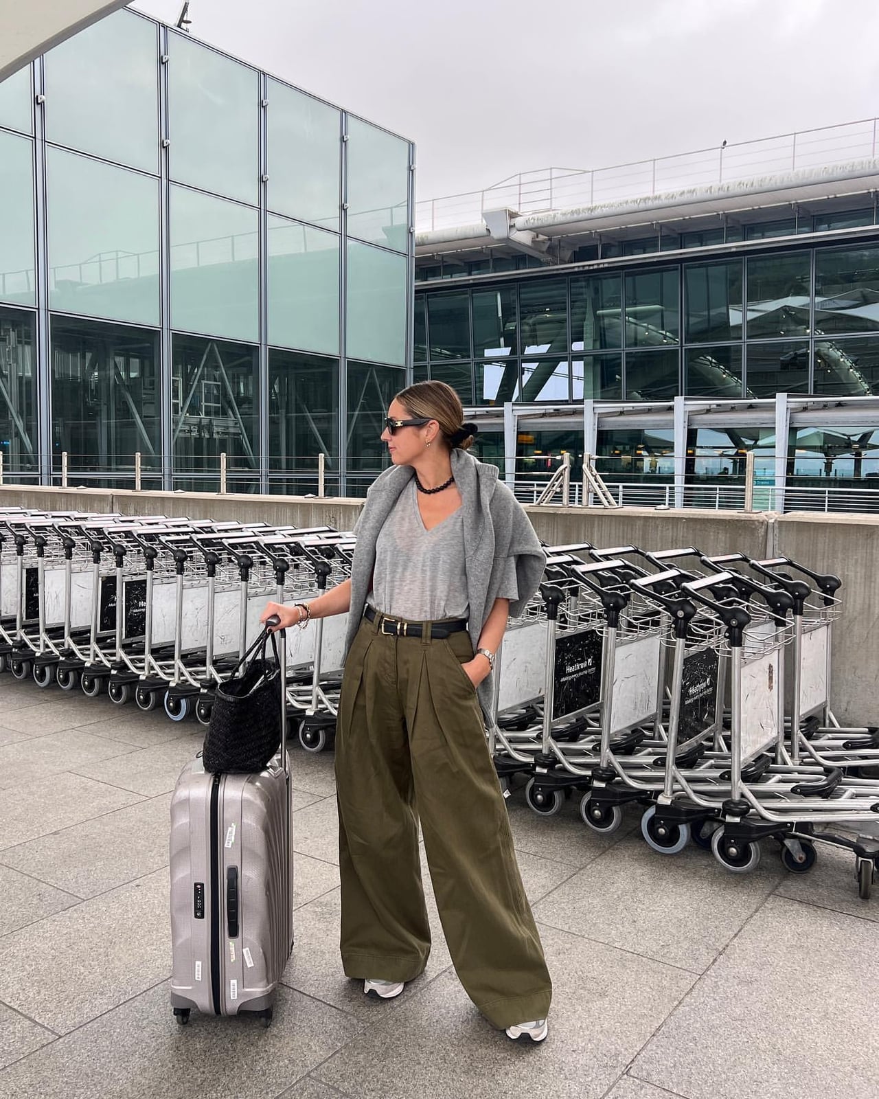 Olive Green Wide Leg Trousers With Gray Knit Cardigan — Errands Outfits