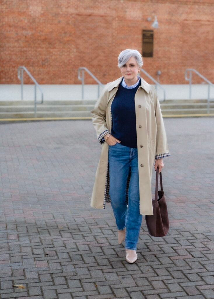 Beige Trench Coat With Navy Sweater And Blue Jeans, Cotton — Errands Outfits