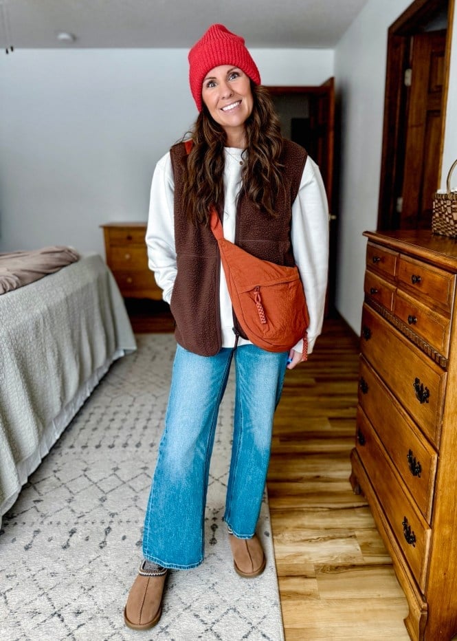 Brown Fleece Vest With Relaxed Jeans — Errands Outfits
