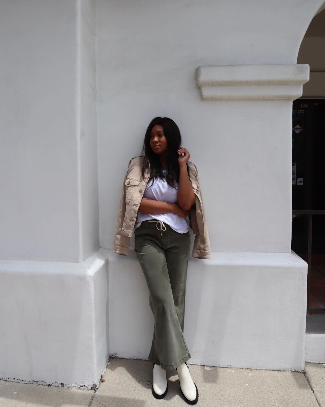 Olive Green Flared Trousers With Utility Jacket — Errands Outfits