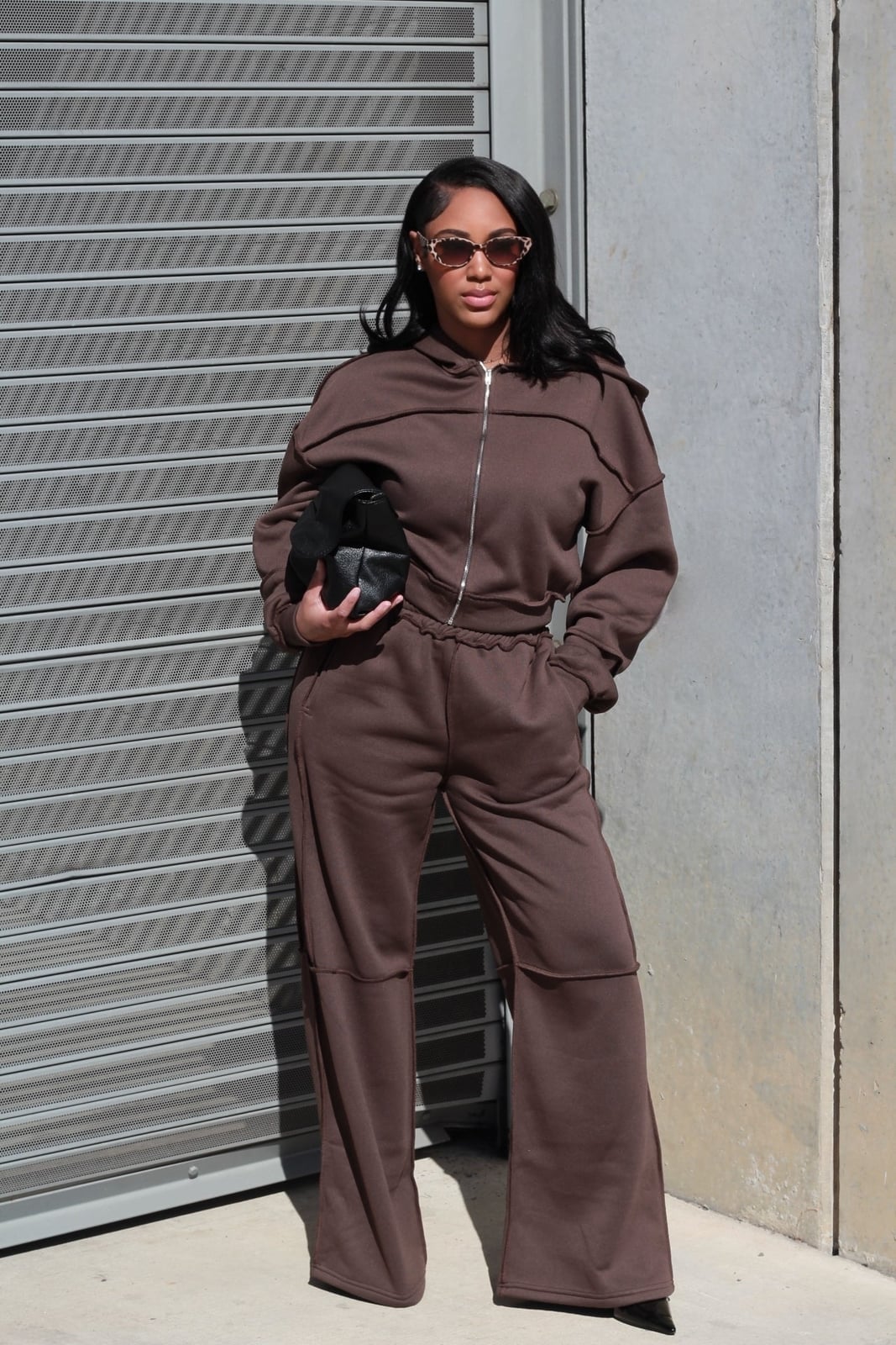 Brown Fleece Zip Up Hoodie With Matching Sweatpants — Errands Outfits