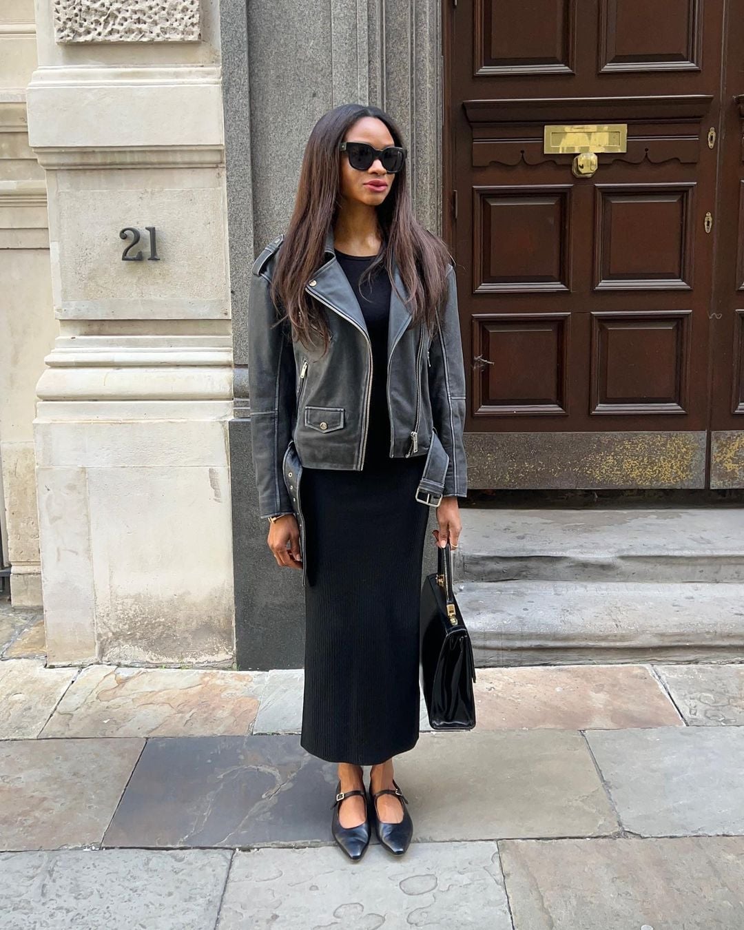 Ribbed Knit Midi Dress With Leather Moto Jacket — Errands Outfits