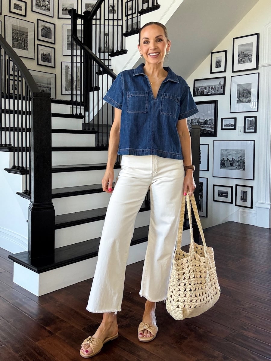Denim Collared Top With Cropped Wide Leg Jeans — Errands Outfits