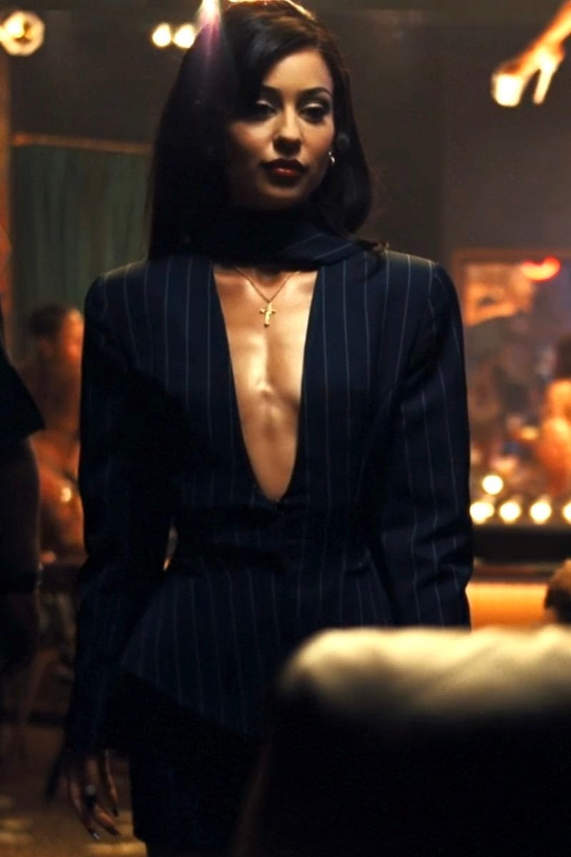 Navy Pinstripe Blazer with Plunging Neckline — Euphoria Outfits