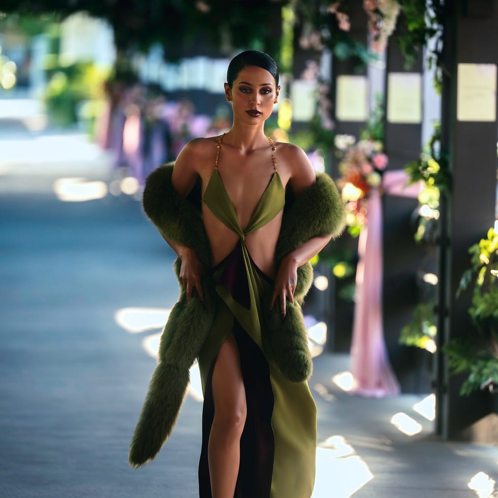 Olive Green Dress with Faux Fur Stole — Euphoria Outfits