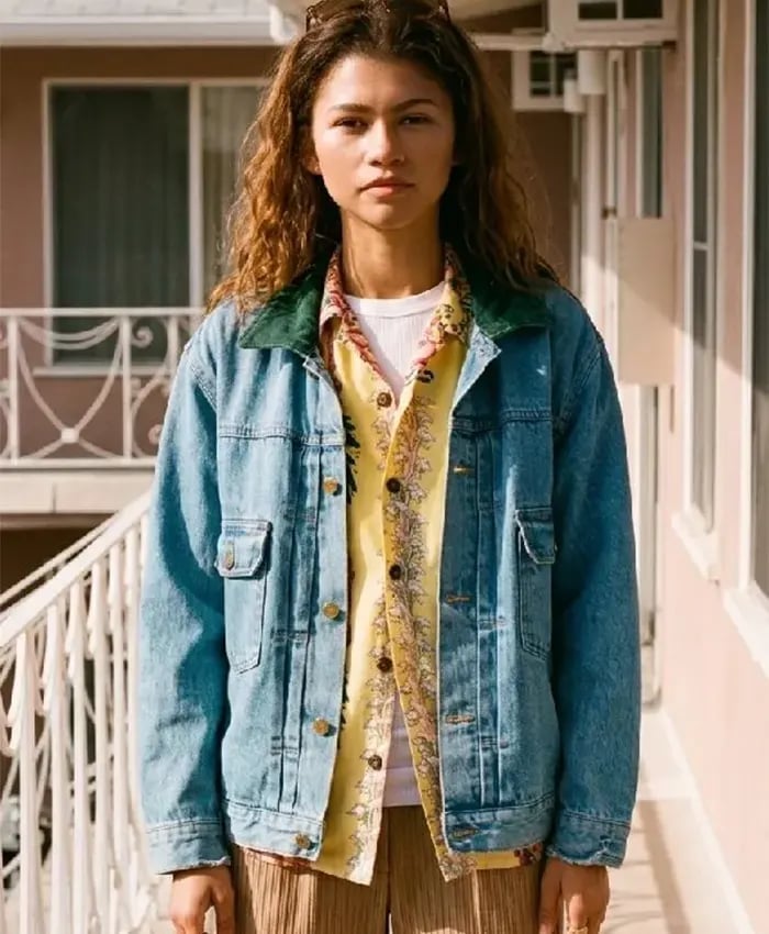 Oversized Denim Jacket with Patterned Shirt — Euphoria Outfits