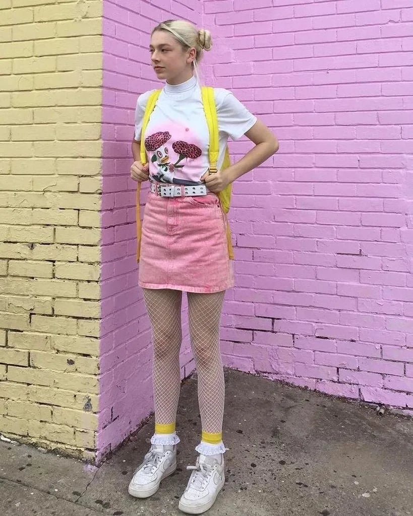 Pink Denim Mini Skirt with Fishnet Stockings — Euphoria Outfits