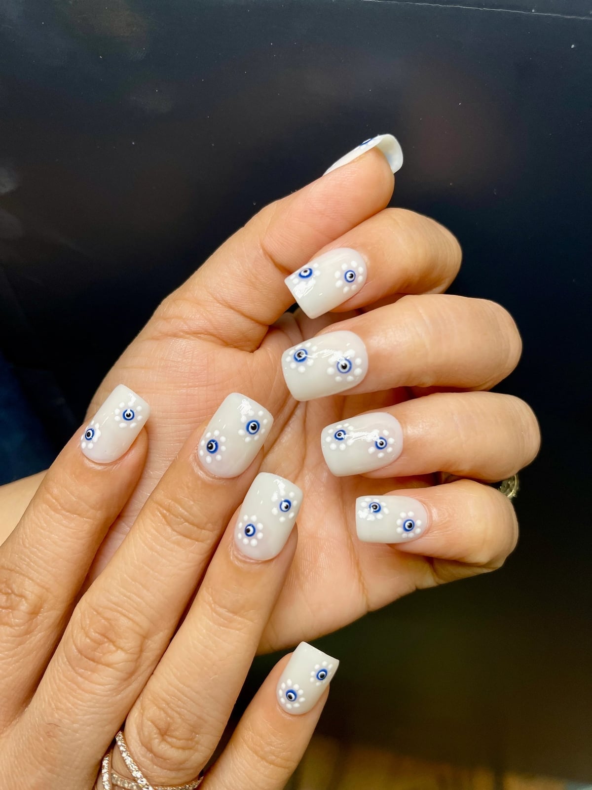 Short Square Milky White Evil Eye Motif Short Square Milky White Evil Eye Motif — Evil Eye Nails